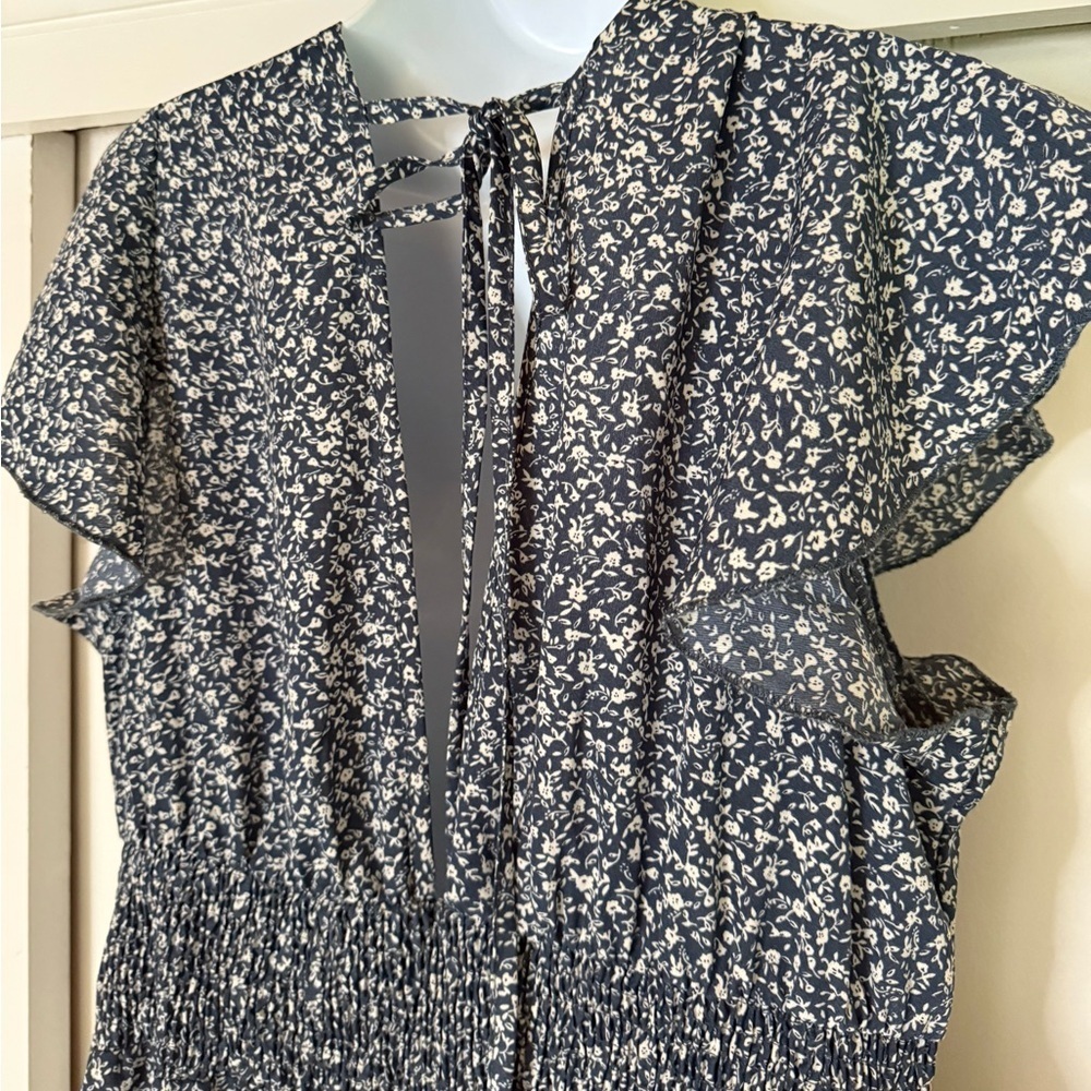 Navy Floral Print Jumpsuit, Lightweight, Ruffle Hem - Picture 4 of 5